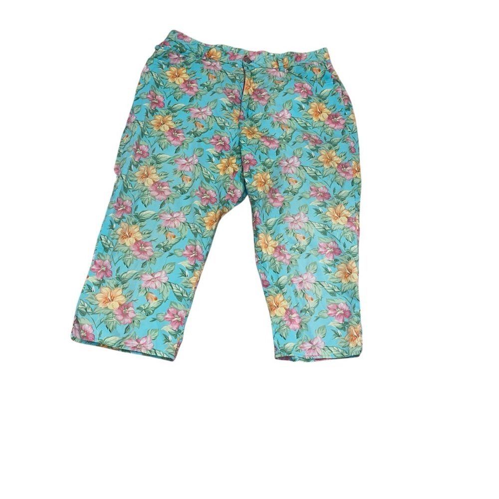 Ralph Lauren floral cropped Capri pants cotton hibiscus blue 16w